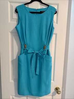 Ellen Tracy Turquoise Sleeveless Tie-Waist Midi Dress, Sz 14